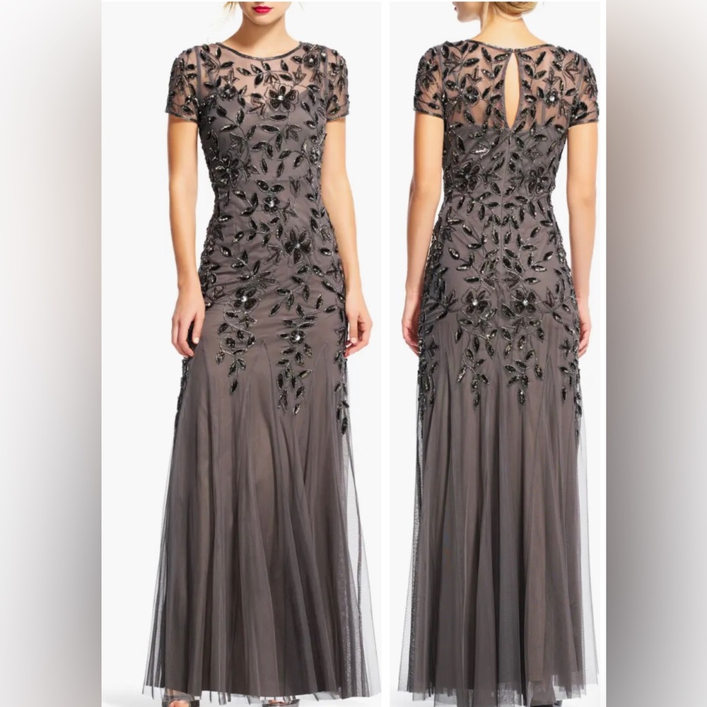 Adrianna Pappel Floral Beaded Godet Gown